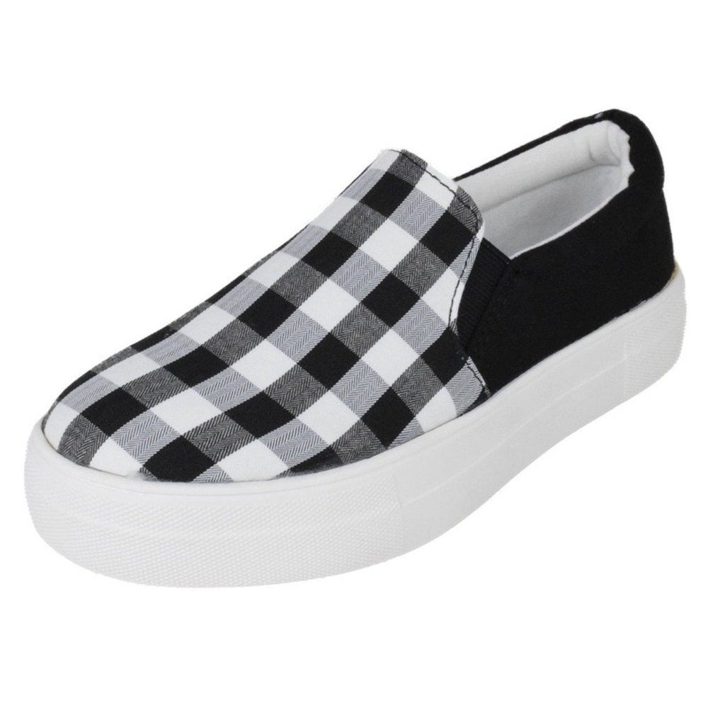 Women Slip on Platform Sneakers Black White Plaid Checkered Flats Size 6.5 - Picture 1 of 3